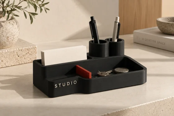 Black desk organiser with a card slot, pen wells and red divider, carrying the fictional STUDIO name.