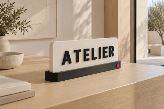 Ivory example sign reading ATELIER in a black base on a pale wooden counter.