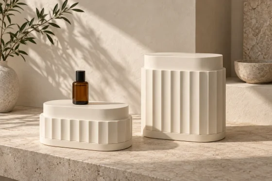 Two ivory display risers of different heights, with an amber glass bottle on the lower one.
